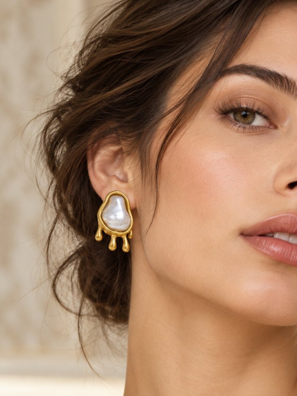 Gold Pearl Drip Earrings Stainless Steel Sculptural Statement Studs